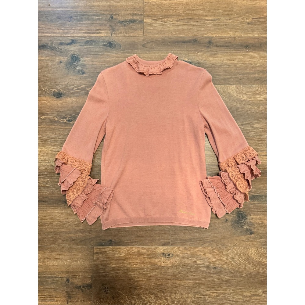 Moschino Jeans Donna Pink Wool Blend Ruffle Neck Tiered Lace Bell Sleeve Sweater